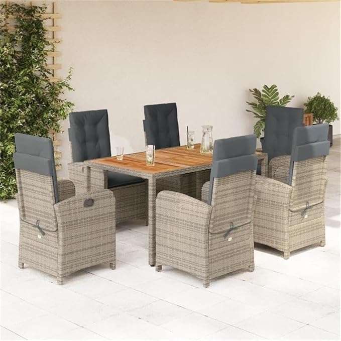 Afuera Living 7-Piece Rattan Garden Dining Set, Gray Finish, Weather-Resistant PE Rattan and Steel, Rectangular Table, 6 Reclining Chairs with Cushions, Modern Patio Furniture for Conservatory or