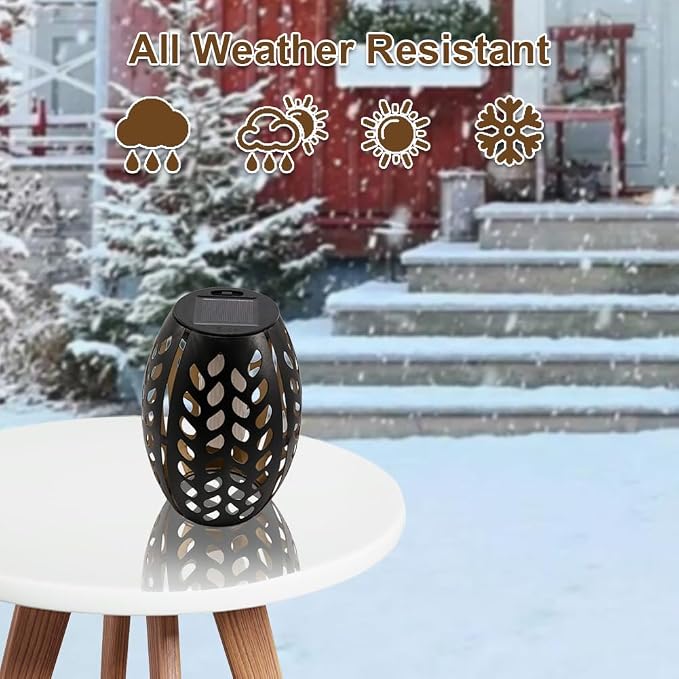 2PCS Solar Table Lanterns Flickering Flame Waterproof Black Leaf | Metal Hollow Black Leaf Design, Waterproof, 7.3" H, For Tabletop Garden Patio Decor