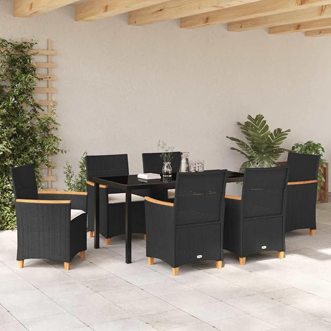 7 Piece Outdoor Dining Set, Black Poly Rattan Patio Furniture with Glass Tabletop, Rust Resistant Garden Seating for 6, Modern Terrace Backyard Table and Chair Group