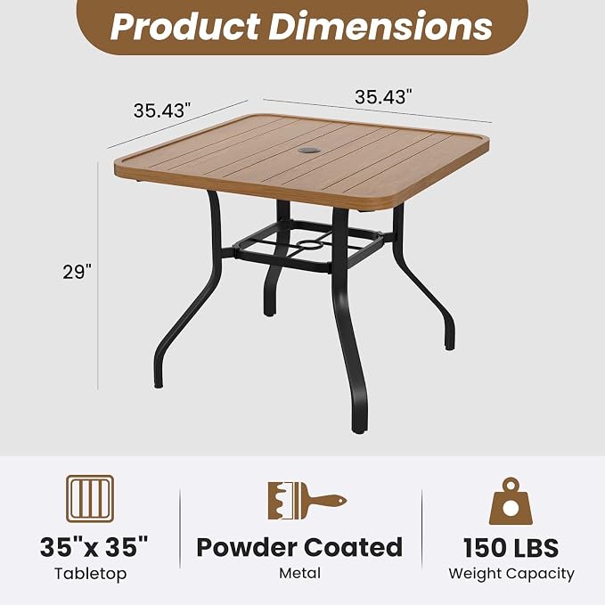 HRVEOCEI 35" Outdoor Square Table with Umbrella Hole, Metal Patio Dining Tables for Lawn Garden, Wood-Like Grain Bistro Table Outdoor for Backyard,Poolside,Deck,Por (Natural, Square)