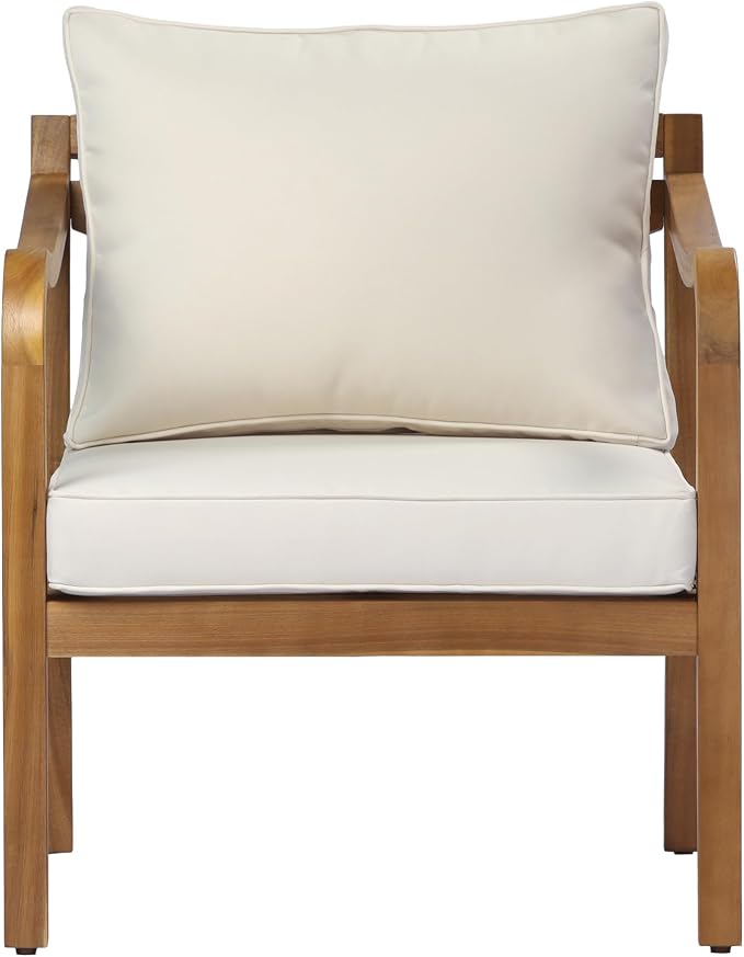 Merax Outdoor Acacia Wood Armchair with Elegant Cross Back Design, Deep Seating Patio Lounge Chair with Removable Soft Cushion for Porch, Garden, Backyard, Balcony, Teak & Beige