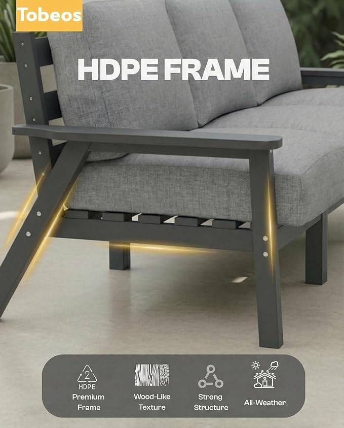 HDPE Patio Furniture Set 10 Seats, Outdoor Couch with Washable Thick Gray Cushions & Coffe Table & Side Table, Outdoor Sectional Furniture for Backyard, Deck, Lawn, Porch (Gray Frame)
