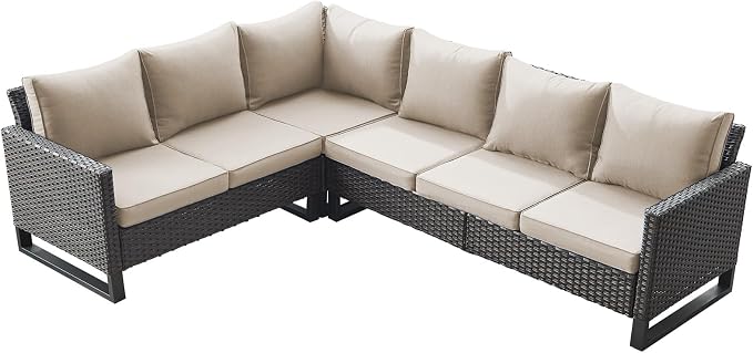 Belord Outdoor Sectional Sofa 6 Seater L Shaped Couch Wicker Patio Conversation Furniture Set Rattan Outdoor Furniture with Removable Washable Cushion, Brown/Beige