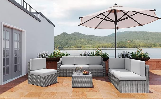 HAPPATIO 7 Piece Patio Conversation Set,Rattan Wicker Outdoor Sectional Sofa,All-Weather Patio Furniture Set,Multiple Combination Sofa. Patio sectional Set.(Gray/Beige)