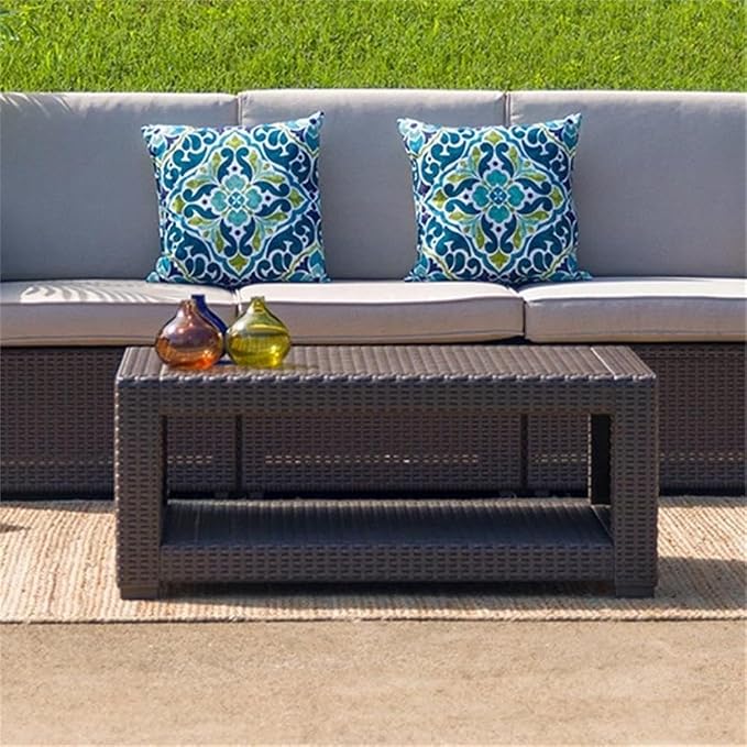 BOWERY HILL Modern Wicker Patio Coffee Table, Chocolate Brown Finish, 36.5 x 22 x 15 in, Resin Frame with Rattan Style Top, Open Shelf, Durable Outdoor Coffee Table for Patio or Deck Use