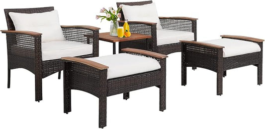 HAPPYGRILL 5 Piece Patio Rattan Sofa Set Outdoor Wicker Conversation Set with 2 Chairs, 2 Ottomans & Coffee Table, All-Weather Wicker Sofa Set for Poolside Backyard