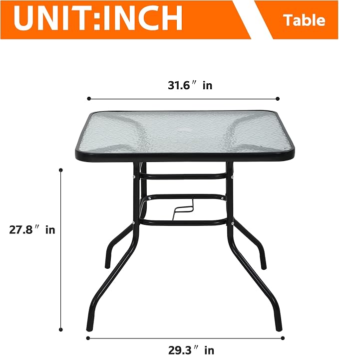 Square Outdoor Table with with Umbrella Hole, 32 Inch Tempered Glass All Weather Umbrella Table Outdoor Tables for Pool, Lawn, Balcony
