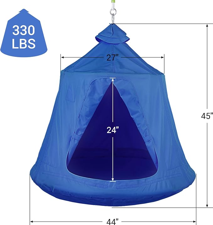 Hanging Tree Tent for Kid, Indoor Outdoor Hanging Tent, Waterproof Tree Ceiling Pod, Portable Hang Out Huggle Pod Play Tent w/Rainbow Lights String, Inflatable Base, 45" H x 44" W 330lbs