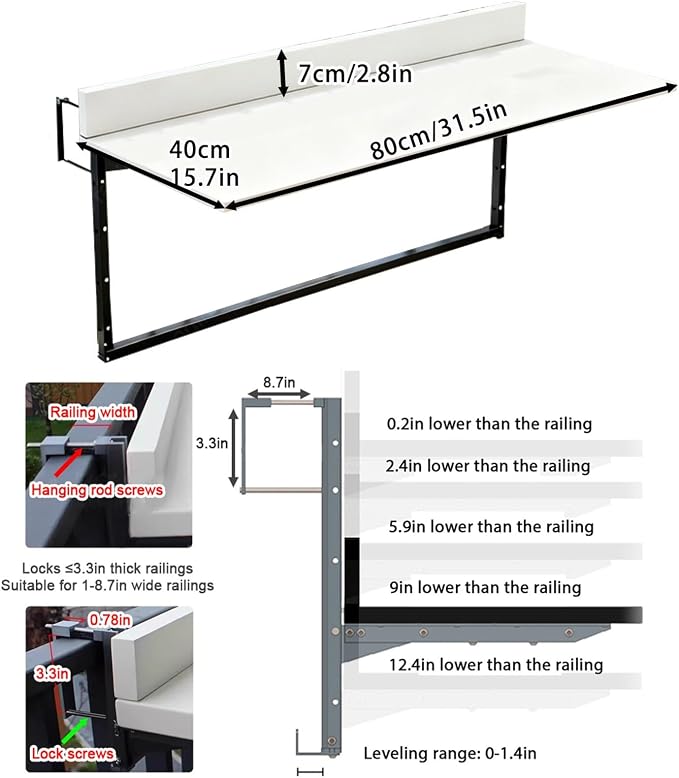 Outdoor Balcony Bar Table for Railings Aluminium Folding Balcony Shelf 5 Height Adjustable Wall-Mounted Side Table Saving Space 120 lbs Loading Serving Table for Patio Deck(White,31.5x15.7in)