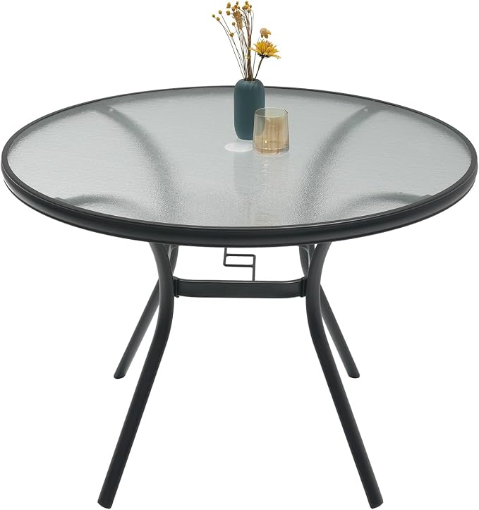 Anmutig Round Outdoor Dining Table for 4 Person, 40 inch Glass Top, Black Powder-Coated Frame with Umbrella Hole Outdoor Furniture