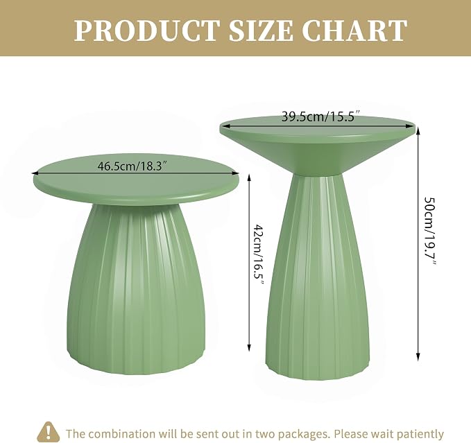 Round Small Patio Side Table Set of 2, Metal Steel Outdoor Side Table, Patio Accent End Table for Garden, Pool, Yard, Balcony, Living Room, Deck, Weather Resistant, No Assembly, Green