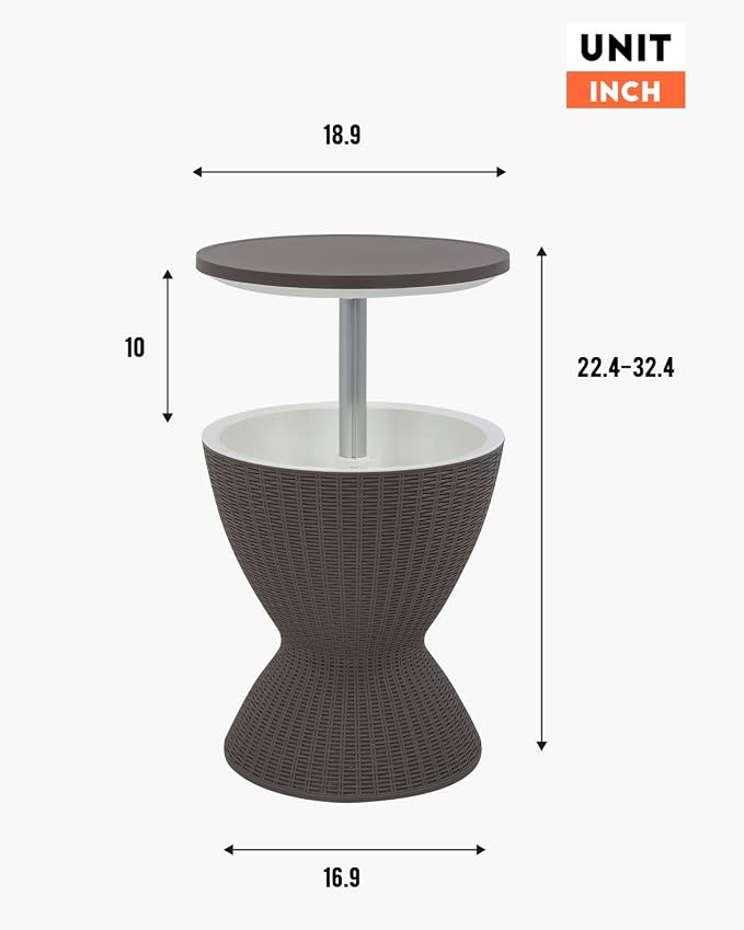 FDW Cool Bar Cooler Table Outdoor Patio Furniture and Hot Tub Side Table 3in1 All-Weather Cool Wicker Bar Table + Ice Bucket + Cocktail Coffee Table with 8 Gallon Beer and Wine Cooler, Grey