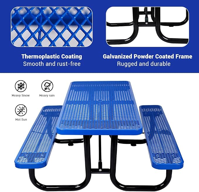 72" Thermoplastic Picnic Table with Umbrella Hole up to 1.5", Heavy Duty Commercial Picnic Table for Outdoor, Family & Party Ready for School Camping, Rectangular, Blue
