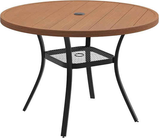 DIFY Outdoor Dining Table for 4 Person, 40.6"x 40.6" All Weather Round Patio Metal Table with 1.57" Umbrella Hole for Poolside Garden and Backyard, Walnut