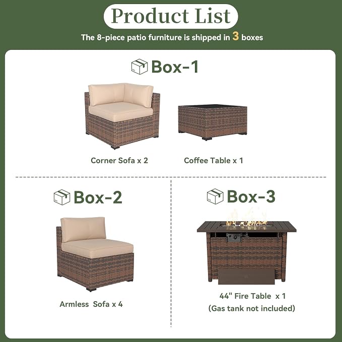 Aoxun 8 Piece Patio Furniture Set with 44” Fire Pit Table Wicker Rattan Outdoor Sectional Sofa Set with Coffee Table and Thickened Cushions, Beige