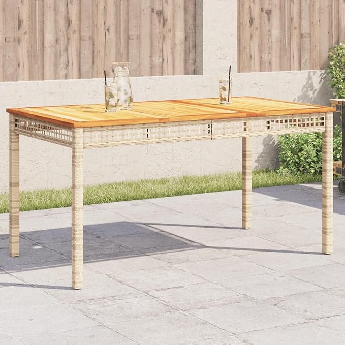 vidaXL Patio Table, Outdoor Dining Table, Patio Furniture, Rectangular Garden Table for Lawn Backyard, Beige Poly Rattan Acacia Wood