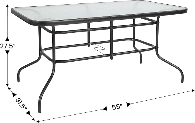 EMMA + OLIVER Seven Piece Indoor/Outdoor Dining Set - Metal Table with Tempered Glass Top - Six Red Flex Comfort Chairs- Umbrella Hole - All Weather