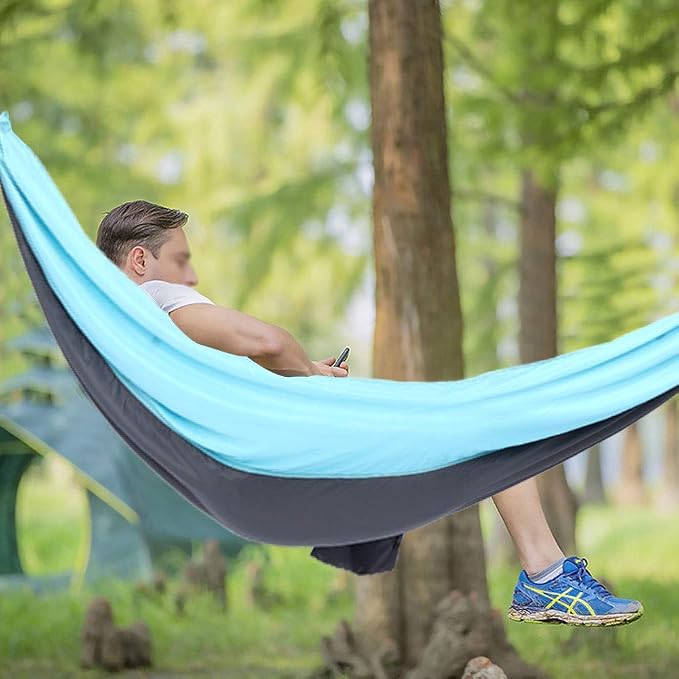 Breathable Hanging Chair Bed, 260x140cm Dual Use Portable Hammock Swing, Garden Hammock with Steel Buckle for Camping Courtyard Corridor Outdoor (Blue Gray)