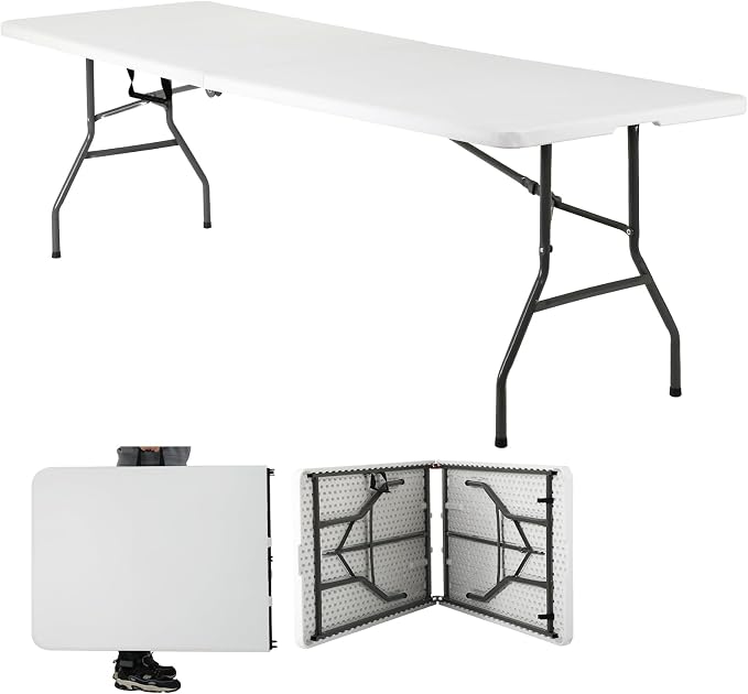 Dkeli 8 ft Folding Table | Portable Picnic Table | Folding Camping Table Heavy Duty for Outdoor Indoor Camping, Picnic and Party | Fold in Half with Handle and Sturdy Steel Frame - White