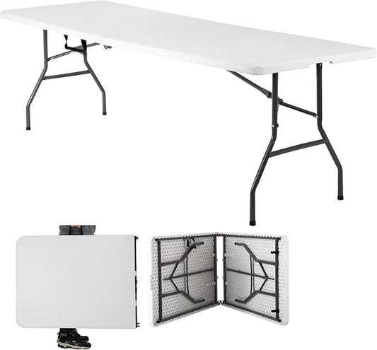 Dkeli 8 ft Folding Table | Portable Picnic Table | Folding Camping Table Heavy Duty for Outdoor Indoor Camping, Picnic and Party | Fold in Half with Handle and Sturdy Steel Frame - White