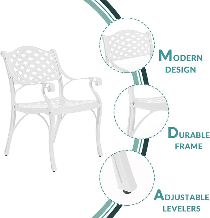 MEETWARM 3 Piece Patio Bistro Set, Outdoor All-Weather Cast Aluminum Dining Furniture Set Includes 2 Chairs and a 31” Round Table with Umbrella Hole for Garden Deck, White