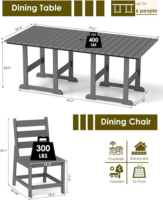 GREENVINES 5-Piece-Outdoor-Table-and-Chairs | HDPE | Patio Furniture | Slatted Dining Sets for 4 | Armless Chair | Connectable Tables | All Weather | for Backyard Poolside Garden | Grey