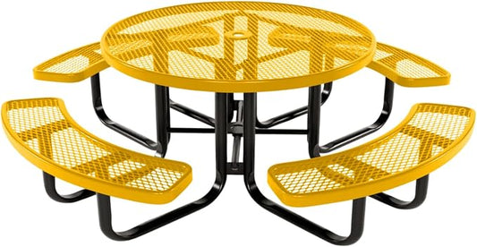 COATEDOUTDOORFURNITURE Heavy-Duty Portable Outdoor Kids Table with Umbrella Hole, Expanded Metal Kids Picnic Table, Commercial-Grade, Made in America (46 in, Round, Childrens, Yellow)