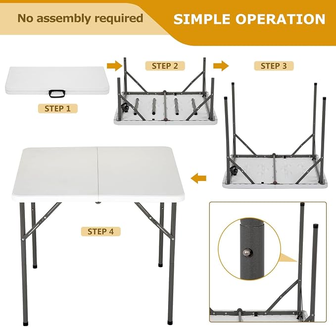 34" Folding Card Table, Heavy Duty Plastic Square Table - Portable Fold-in-Half w/Handle & Lock for Camping, BBQ, Party, Events