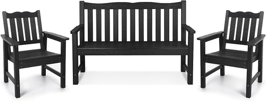 Stoog All-Weather Outdoor Bench & Chairs Set, 3-Piece Patio Furniture Set, Include 1 Garden Bench and 2 Garden Chairs, Never Rot or Fade, Black