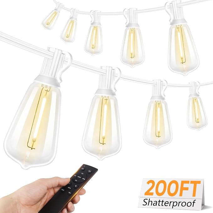 Outdoor String Lights with Remote, 200FT LED Patio Lights with 62 ST38 LED Filament Bulbs, 3 Lighting Modes, 3H/5H Timer, Waterproof IP65 String Light for Outside, E12 Socket Base, White