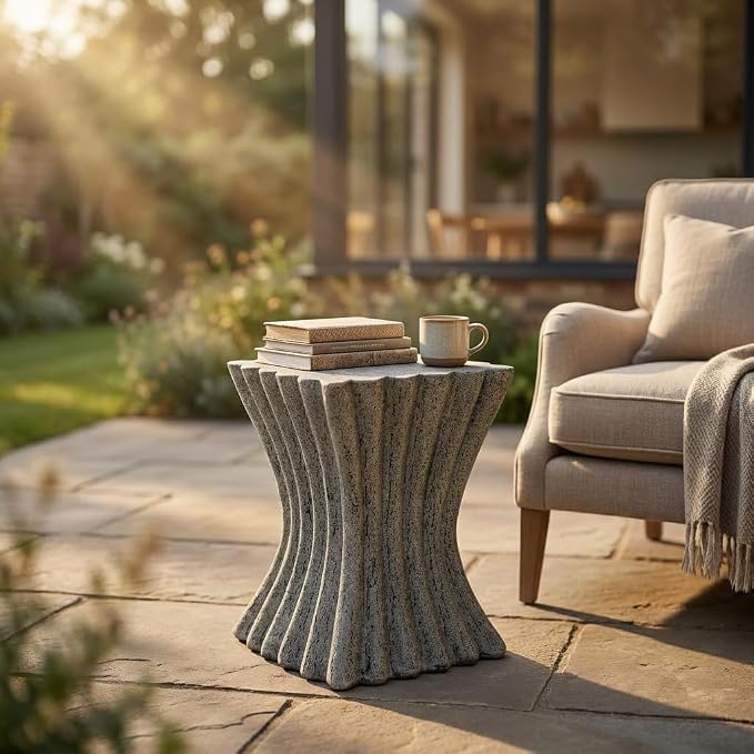 Outdoor Side Table – Lightweight Stone Patio Coffee Stand, Concrete End Table for Backyard, Balcony,Living Room,Bedroom(Wooden Stripes)