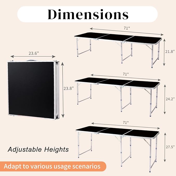 6 Ft Folding Portable Camping Table, Tri-fold Outdoor Picnic Table, Outdoor Camping Kitchen, BBQ, Picnic, Cooking, Beach, Garden, Party (Black)