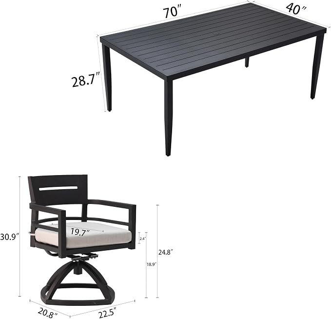 7-Piece Outdoor Patio Aluminum Furniture, Modern Dining Set, Including 4 Dining Chairs & 2 Swivel Rockers and Rectangle Dining Table with Umbrella Hole, Ember Black