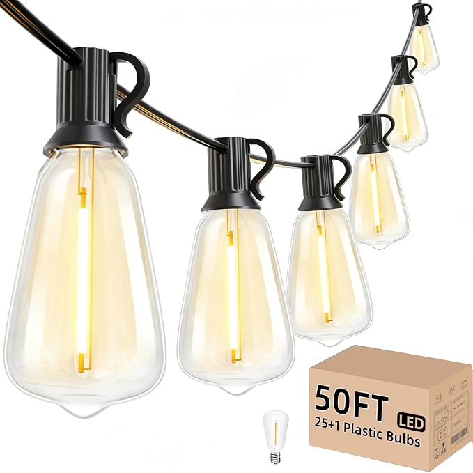 Svater 50 FT Outdoor String Lights LED, Patio Light Waterproof 26 Bulbs | Outside Hanging Lighting, Shatterproof Dimmable ST38 Edison Bulbs，Connectable for Bistro Cafe Market Dimmable 2700K
