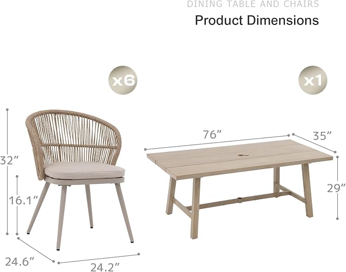 SUNSITT 7 Piece Outdoor Patio Dining Set, Patio Dining Furniture Set with 76” Aluminum Dining Table w/Umbrella Hole and 6 Woven Wicker Outdoor Patio Chairs w/Removable Cushions for Garden, Beige
