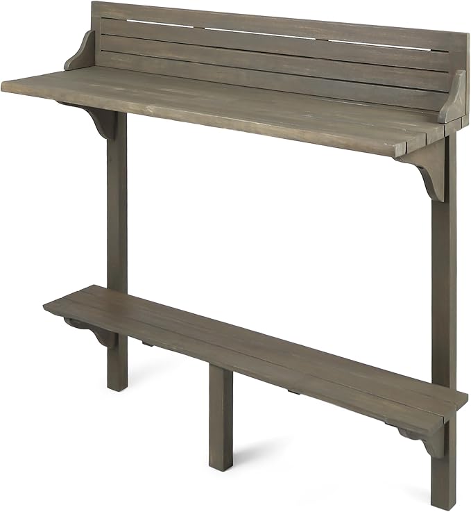 Merax Outdoor Balcony Bar Table, Wall Mounted Folding Patio Bar Table with Acacia Wood Top, Space Saving Table for Balcony Railing, Small Spaces, Gray