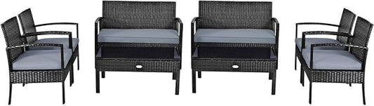 Tangkula 8-PCS Wicker Patio Conversation Furniture Set, Outdoor Rattan Chair and Table Set, Patio Furniture Sets with Coffee Table & Washable Cushions for Courtyard Balcony Garden (2, Black)