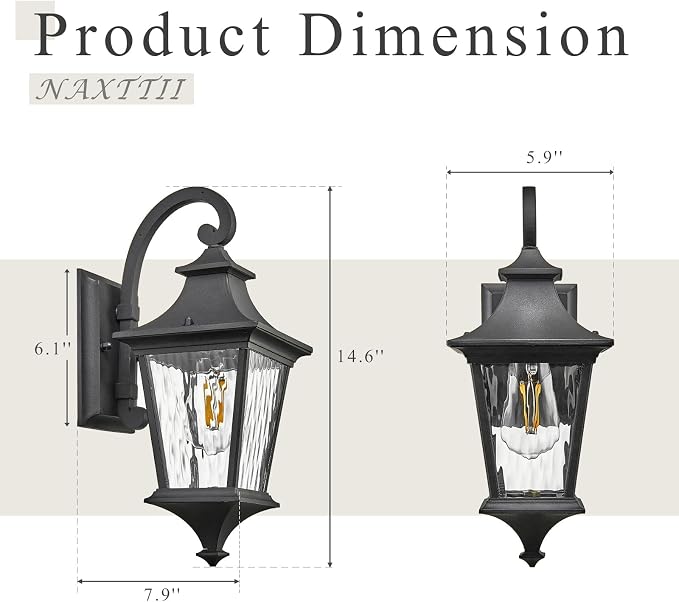 Modern Outside Lights for House 14.6 Inch 2-Pack Porch Light Outdoor with Water Ripple Glass Black Exterior Light Fixtures E26 Socket Downward Installation