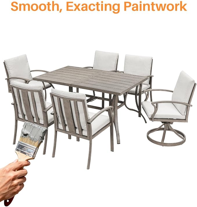 7-Piece Outdoor Dining Set, Never-Rust Aluminum Patio Dining Set, Patio Table Furniture Sets with Cushions, 4 Dining Chairs, and 2 Swivel Chairs for Deck, Garden, Backyard, Limed Oak
