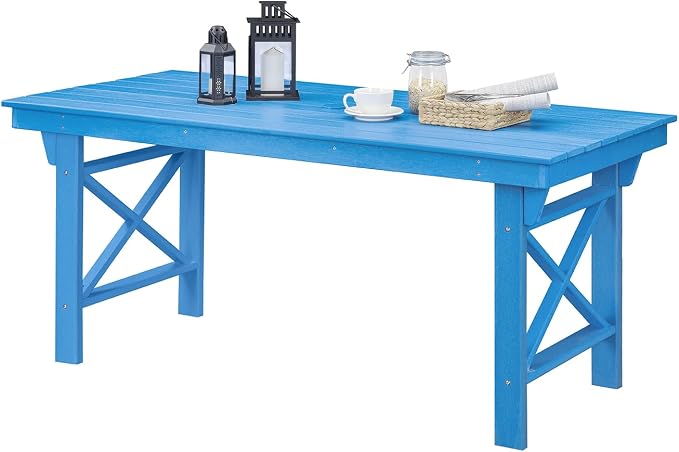 HDPE Outdoor Dining Table, 66.9” Rectangle Patio Dining Table for 6, All-Weather HDPE Outdoor Table with 2.2” Umbrella Hole, HDPE Patio Furniture for Deck, Backyard, Garden, Pool, Sky Blue