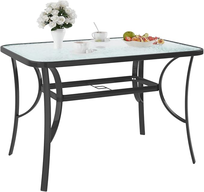 SogesHome 47 Inch Rectangle Tempered Glass Patio Dining Table Patio Table Coffee Table Dining Bistro Table, for Outdoor Garden Balcony Backyard Poolside Lawn, with Umbrella Hole, Black