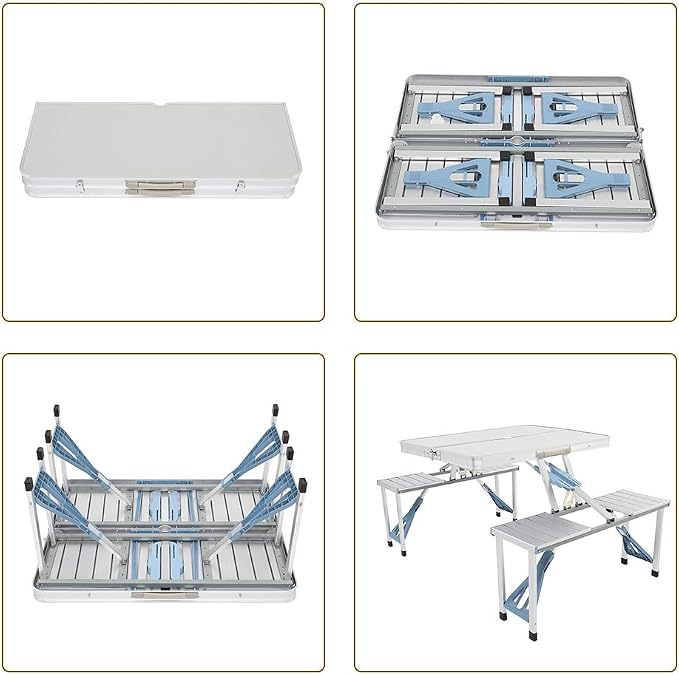Foldable Picnic Table Suitcase with 4 Seats Umbrella Hole Chairs Set for Travel Camping Outdoor Silver