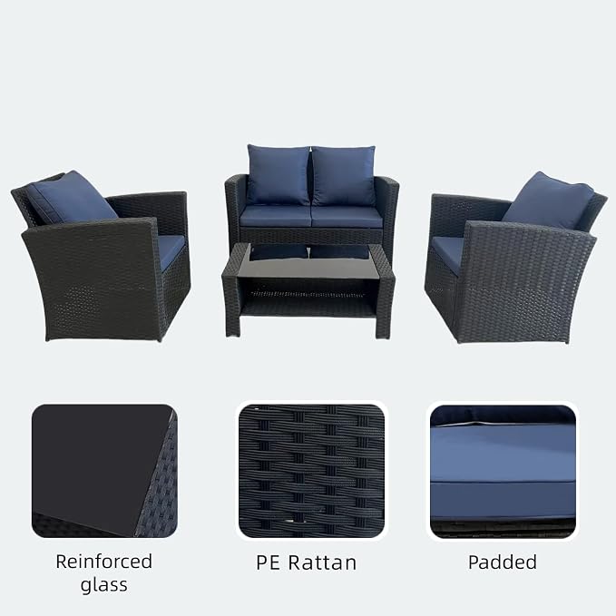 4 Piece Patio Furniture Set, All-Weather Wicker Sectional Conversation Set with Tempered Glass Table & Cushioned Sofa,Outdoor Sofa for Garden, Porch, Backyard (Black-Blue)