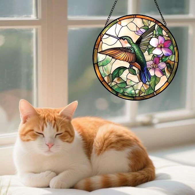Stained Glass Window Hanging - Green Hummingbirds and Purple Flowers 6.3 Inches Suncatcher for Garden Home Decor for Women Mon Grandma Friends