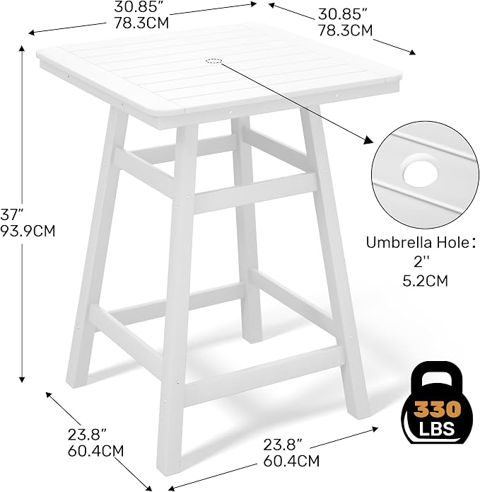 Costaelm Outdoor Bar Table, 37" Counter Height Square Patio Cocktail Bar Table with Umbrella Hole, Patio Bistro Dining Pub Table for Front Porch Deck Backyard Garden, White