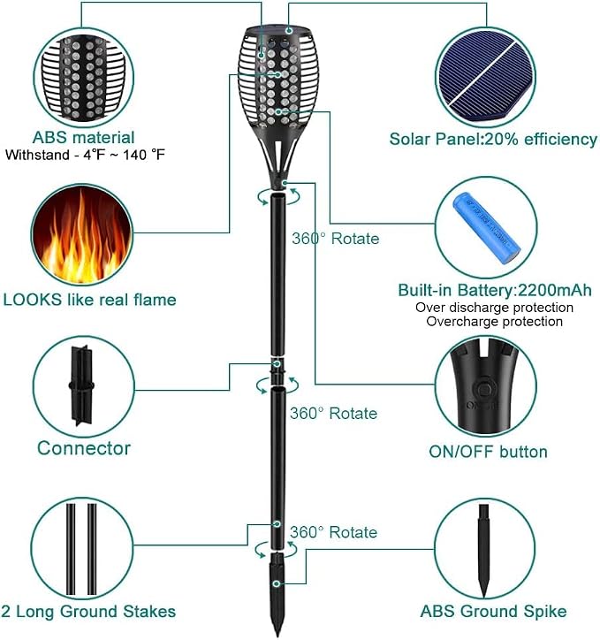 Aityvert Solar Torch Lights 43" Flickering Flame Outdoor Waterproof 6 Pack | 96 LED Higher & Larger Solar Flame Lights,10-12 Hours Runtime Auto On/Off for Yard Garden and Halloween Decor