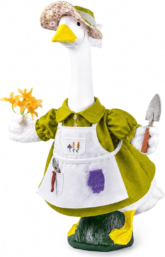 Spring Gardener Porch Goose Outfit for 23 Inch Plastic Cement Goose Statue, Goose Outfit Clothes with Hat, Felt Tools & Flower for Outdoor Garden Yard Patio Art Decor