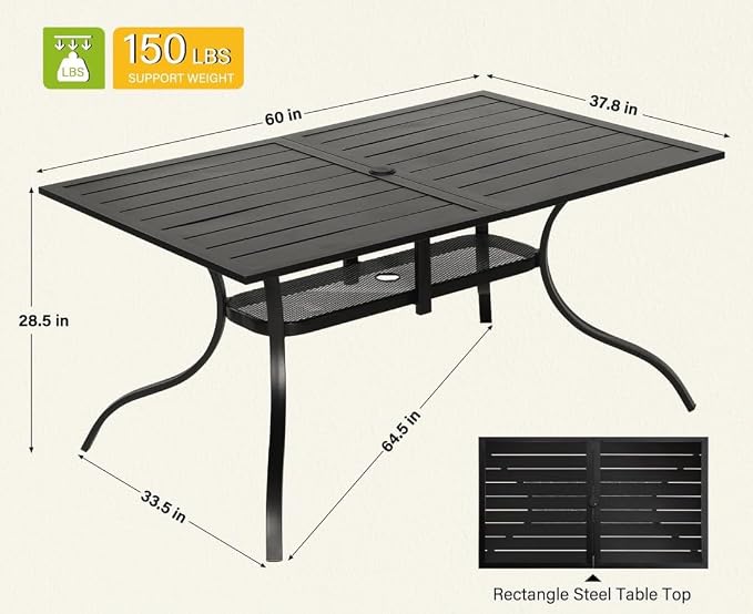 60" x 37" Patio Dining Table, Outdoor Rectangle Bistro Metal Table with Steel Slat Table Top for Porch Deck Garden Backyard Poolside, 1.57" Umbrella Hole, Black