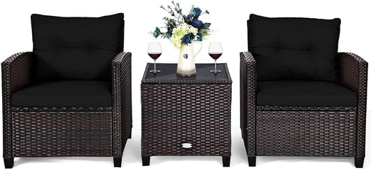 AUGESTER 3 PCS Patio Furniture Set, Outdoor PE Rattan Wicker Conversation Sofa Set w/Washable Cushion and Tempered Glass Tabletop, All Weather Chat Sofa for Garden Poolside Balcony Porch (Black)
