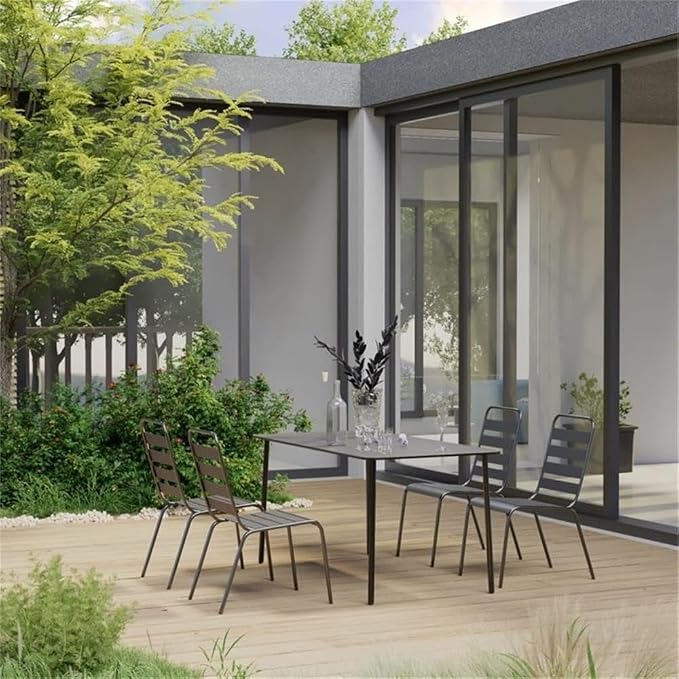 Bowery Hill 5-Piece Steel Patio Dining Set, E-Coated Powder-Coated Finish in Dark Gray, Includes Table and 4 Stackable Chairs, Modern Style, Indoor/Outdoor Use, Perfect for Garden, Terrace, or Balcony